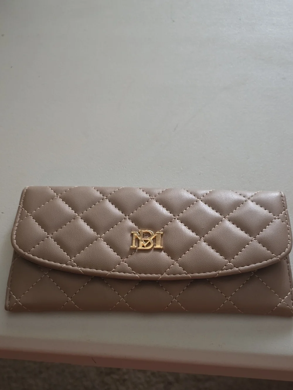 Badgley Mischka Quilted Taupe Wallet Clutch with Gold Logo